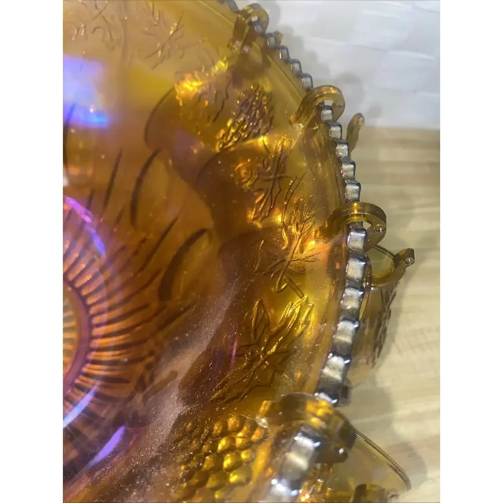60s 70s Indiana Glass Iridescent Marigold Carnival Glass Punch Bowl 12 Cup Set